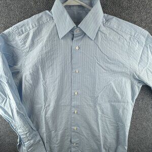 Ermenegildo Zegna 15.5 Cotton Striped Blue Men Long Sleeve Button Up Shirt Adult